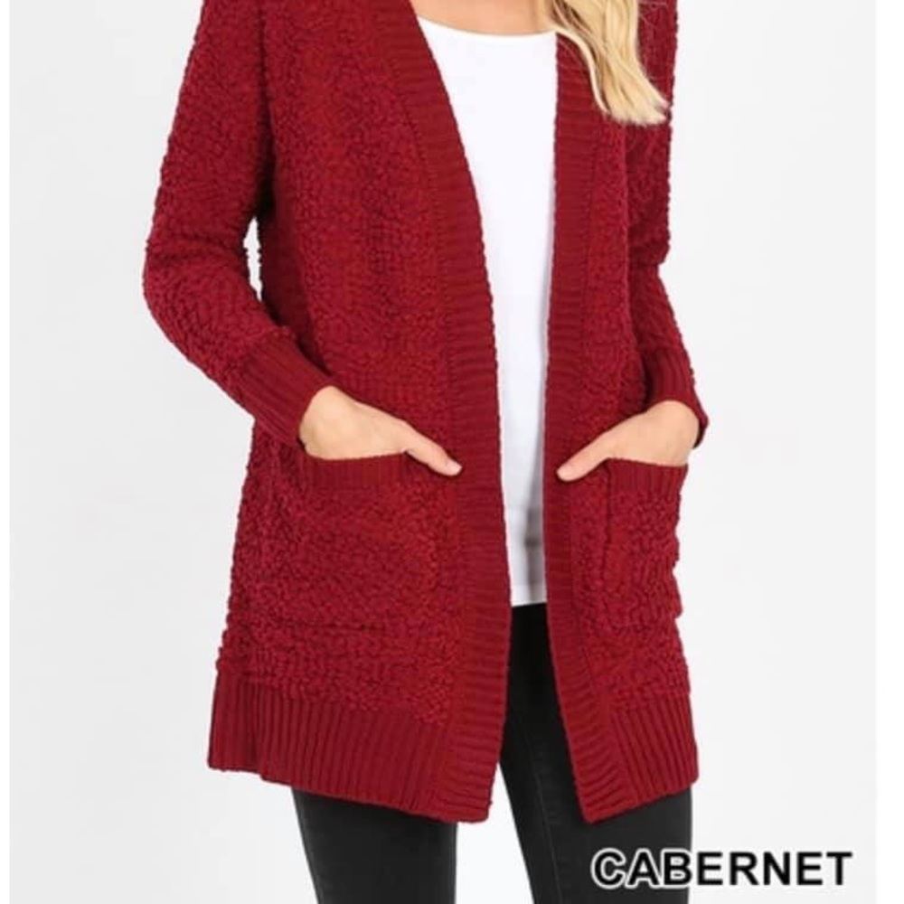 Zenana Cabernet Popcorn Sweater Cardigan - Picture 2 of 4